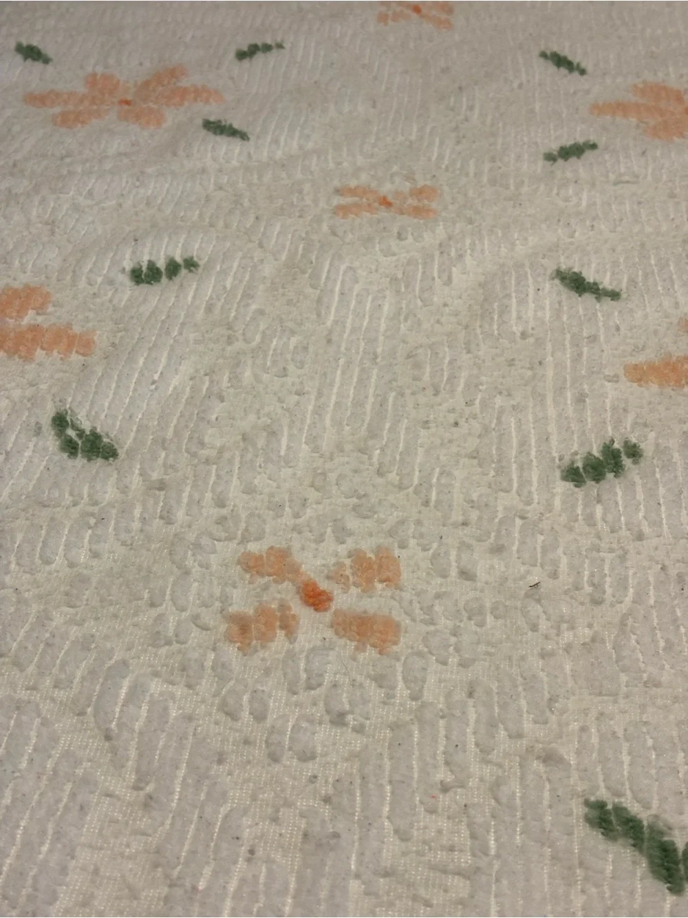 MCM White Chenille Floral Bedspread Peach Coral Green Flowers Queen Full Fringe